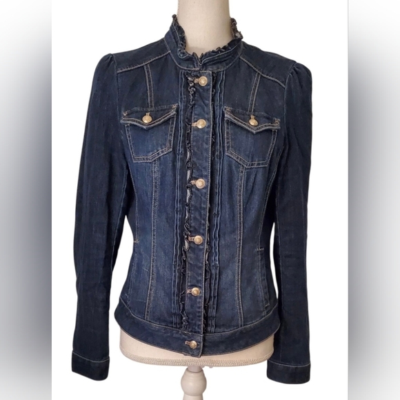 White House Black Market Dark Washed Denim Ruffle Trim Structured Jacket Size 12 - Picture 1 of 7